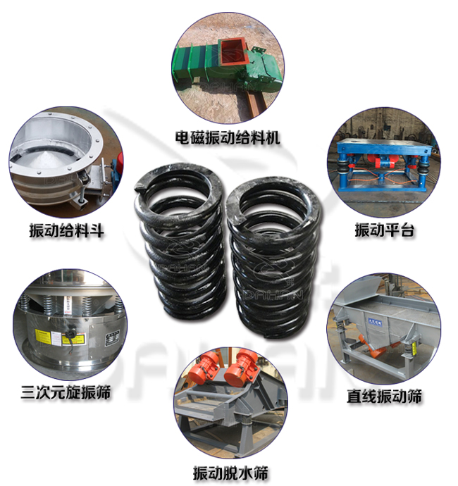 旋振篩減震彈簧適用產(chǎn)品：振動給料機，電磁振動給料機，振動平臺，直線振動篩，振動脫水篩，三次元旋振篩。