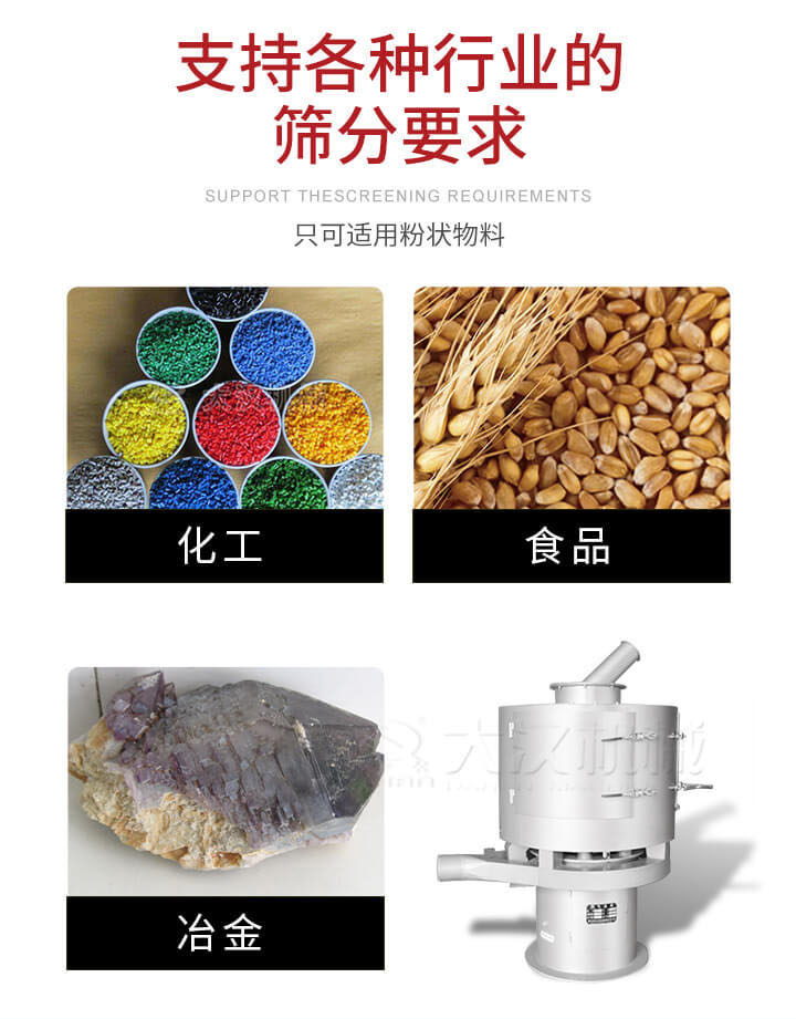 氣流篩用于礦粉，石墨粉，活性納米碳酸鈣，鋁灰，大豆粉，碳酸重鈣，石墨粉，木粉，干草，重金石粉，藥粉末，橡膠顆粒，草酸鹽，干料粉，木粉，聚酯粉，干粉，塑料，金屬粉末，橡膠粉，粉煤灰，石墨粉，陶瓷粉，鋅粉，石英粉，石灰粉，鐵粉，金屬硅粉等。