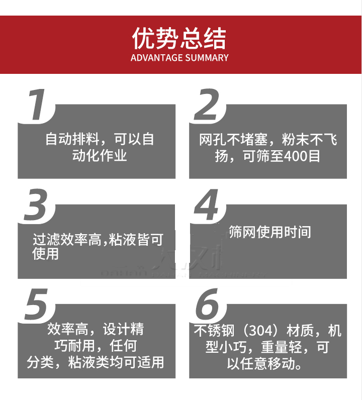 過濾篩優(yōu)勢總結(jié)：1，自動排料，可以自動化作用。2，網(wǎng)孔不堵塞，粉塵不飛揚，可篩至400目。3，過濾效率高，任何粒，粉，粘液也可使用。4，篩網(wǎng)設(shè)計大大提高了篩網(wǎng)使用時間，也魏換網(wǎng)提高了方便。5，效率高，設(shè)計精巧耐用，任何分類設(shè)計精巧耐用，任何分類，粘液類均可適用。6，不銹鋼材質(zhì)機型小巧，重量輕，可以任意移動。