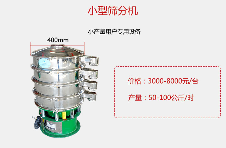小型篩分機產(chǎn)量可達(dá)100公斤/時，價格3000元起。