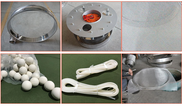 800型全不銹鋼振動篩配件有：振動篩篩框，電機(jī)，不銹鋼篩網(wǎng)等。