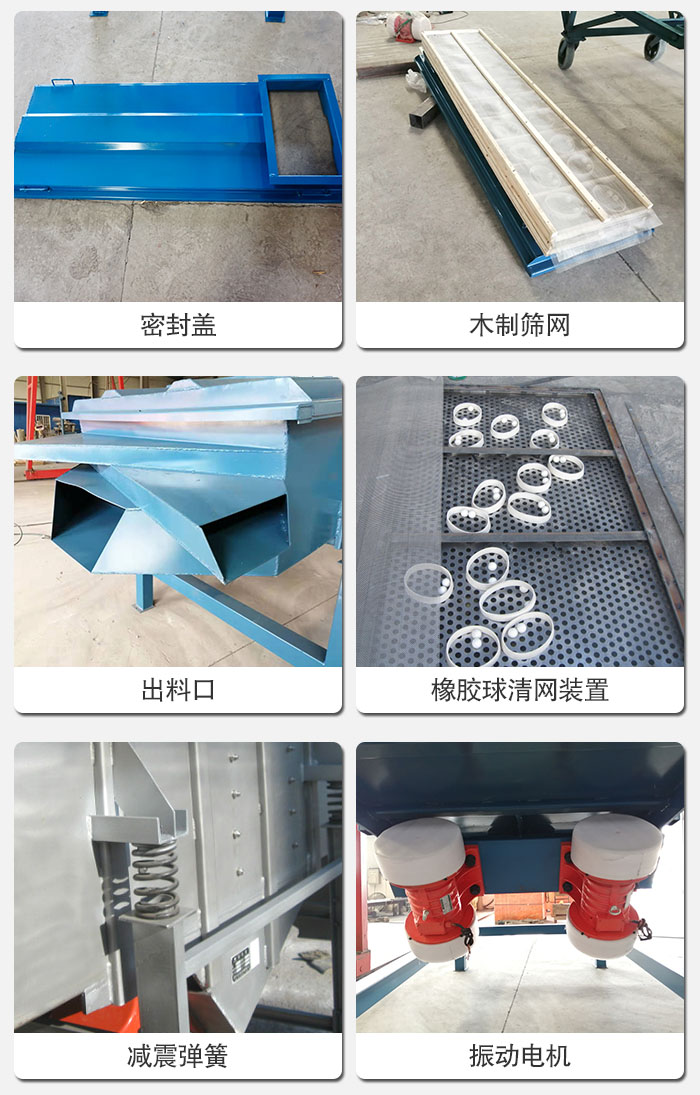 直線篩結(jié)構(gòu)展示：篩網(wǎng)，篩箱，振動(dòng)電機(jī)，振動(dòng)電機(jī)座，減震彈簧，支架等部件展示圖