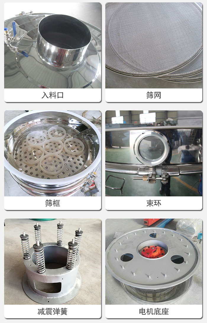 醫(yī)藥振動(dòng)篩有電機(jī)底座，減震彈簧，束環(huán)，篩框，入料口，篩網(wǎng)等部件展示。