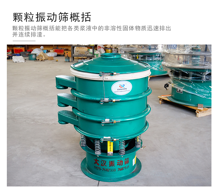 顆粒式振動篩是針對顆粒狀物料進行研發(fā)的，由于顆粒的形狀有很多的不同所以，廠家在清網(wǎng)裝置方面進行提升效率。