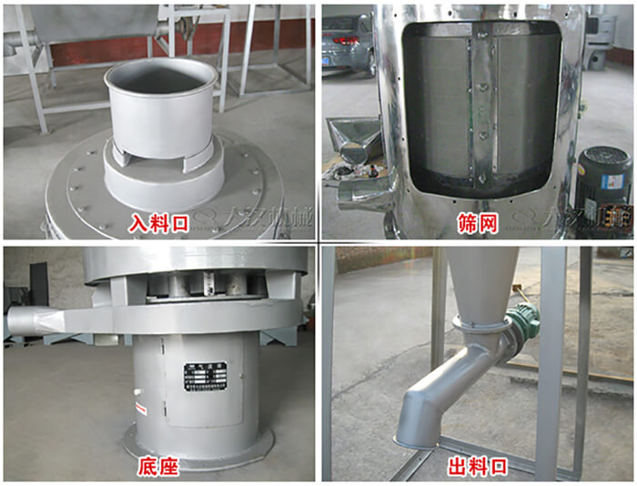 氣流篩部件展示：入料口，篩網，底座，出料口等。