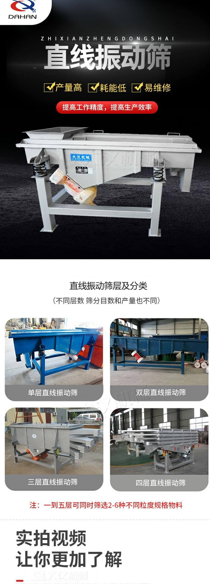 直線振動篩概述，產(chǎn)量高，耗能低，易維修，提高工作精度，提高生產(chǎn)效率，直線振動篩層級分類：不同層數(shù)，篩分目數(shù)和產(chǎn)量也不同：單層，雙層，三層，四層等。