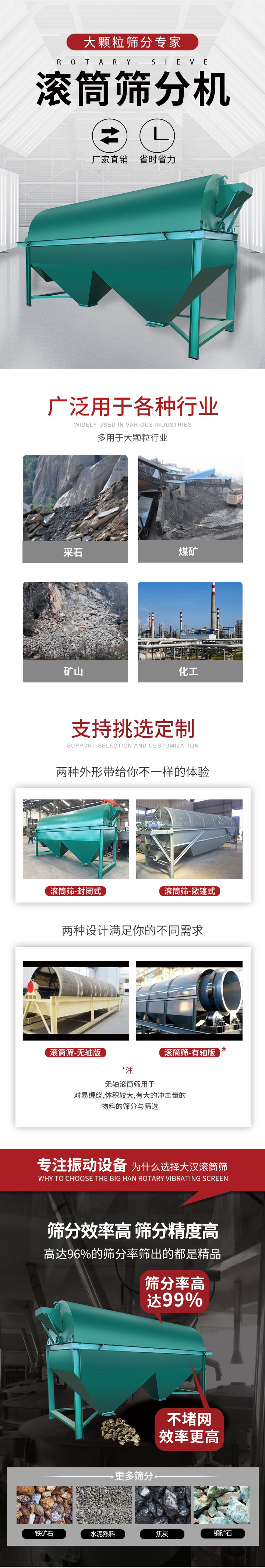 滾筒篩分機(jī)大顆粒篩分專家：廠家直銷，省時(shí)省力。滾筒篩被廣泛應(yīng)用各種行業(yè)：多用于大顆粒行業(yè)例如：采石，煤礦，礦山，化工等。滾筒篩定制類型有哪些：封閉式與敞篷式產(chǎn)品結(jié)構(gòu)分為：無軸式，有軸式兩種，無軸滾筒篩用于對(duì)纏繞，體積較大，有大的沖擊量的物料的篩分與篩選。滾筒篩篩分效率高篩分精度能夠達(dá)到：96%也比較適用于鐵礦石，水泥熟料，焦炭，銅礦石。滾筒篩特點(diǎn)：不飛粉末：密封隔離罩，密封性好，工作過程不會(huì)出現(xiàn)飛粉現(xiàn)象。外型尺寸是按筒體長計(jì)