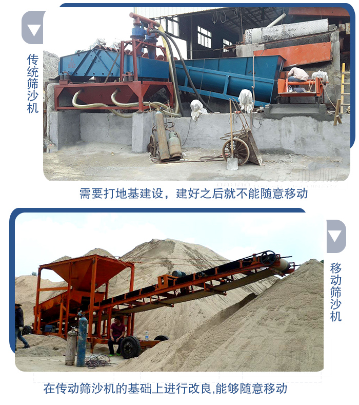 移動(dòng)的篩沙機(jī)在安裝前需要打地基，而固定完畢后就不能隨意的移動(dòng)，而移動(dòng)篩沙機(jī)不需要打地并且隨時(shí)能夠進(jìn)行移動(dòng)。