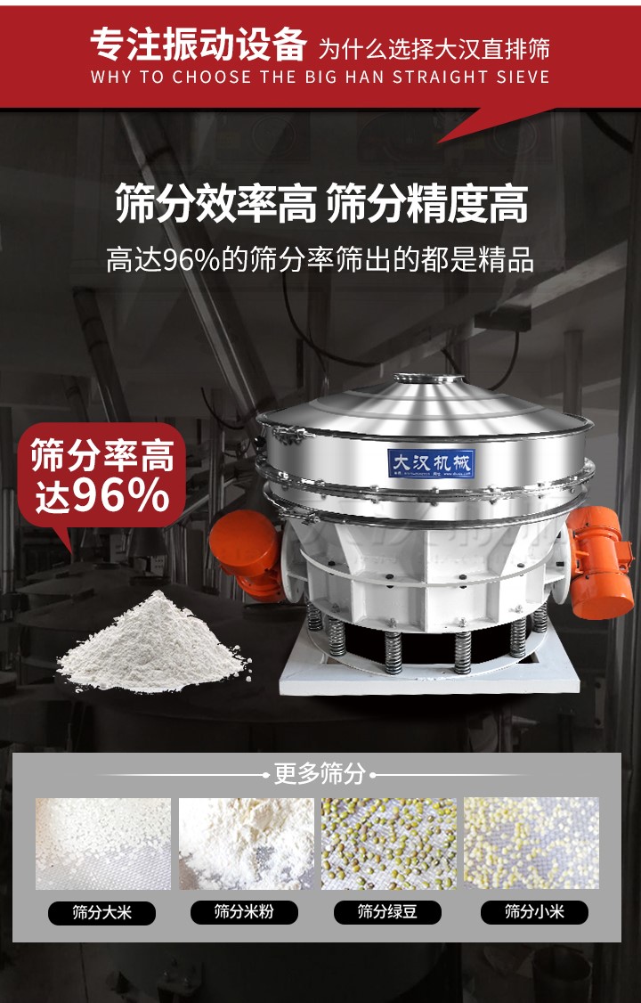 直排篩適用物料有面粉，淀粉，洗衣粉，金屬粉，添加劑，化工，非礦等行業(yè)。