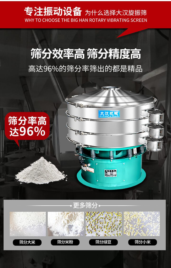 旋振篩結(jié)構：進料口，網(wǎng)架，防塵蓋，出料口，加重塊，束環(huán)，上部重錘，彈簧，下部重錘等。