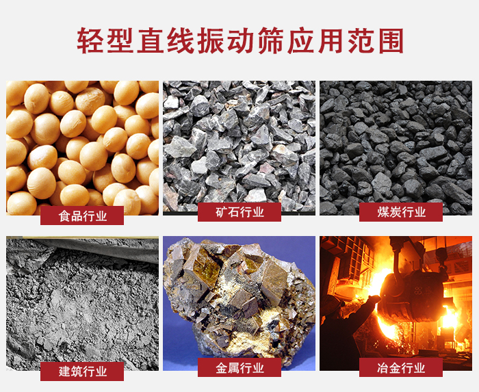 輕型直線振動篩應用范圍較廣多使用與顆粒狀，粉狀以及其它重型行業(yè)的輸送。