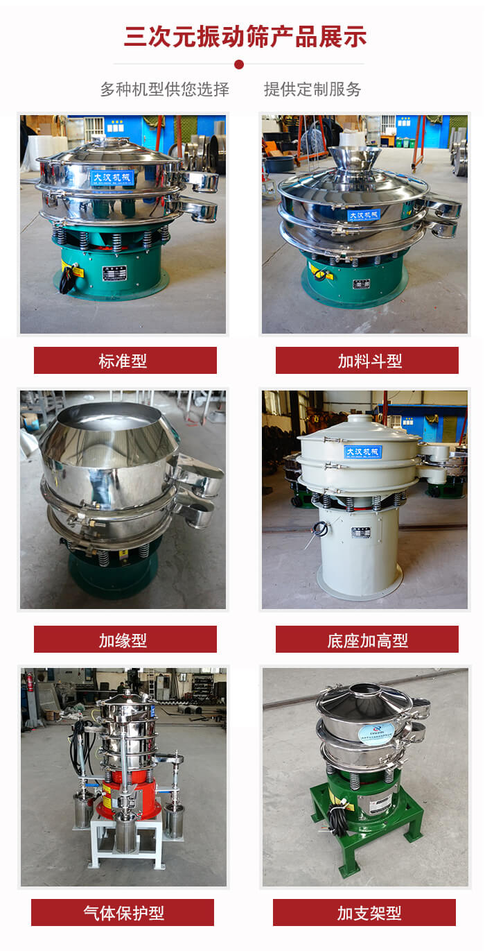 三次元振動篩不同結(jié)構(gòu)展示：標(biāo)準(zhǔn)型，加料斗型，加緣型，底座加高型，氣體保護(hù)型，加支架型。