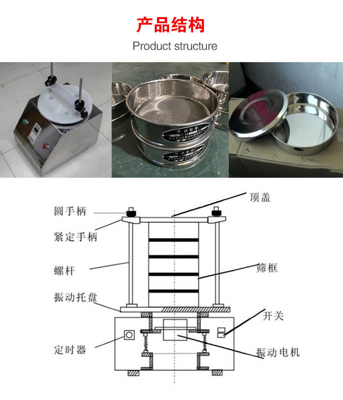 實(shí)驗(yàn)室振動(dòng)篩-試驗(yàn)篩結(jié)構(gòu)主要由：圓手柄，緊定手柄，螺桿，振動(dòng)托盤，篩框，頂蓋等。